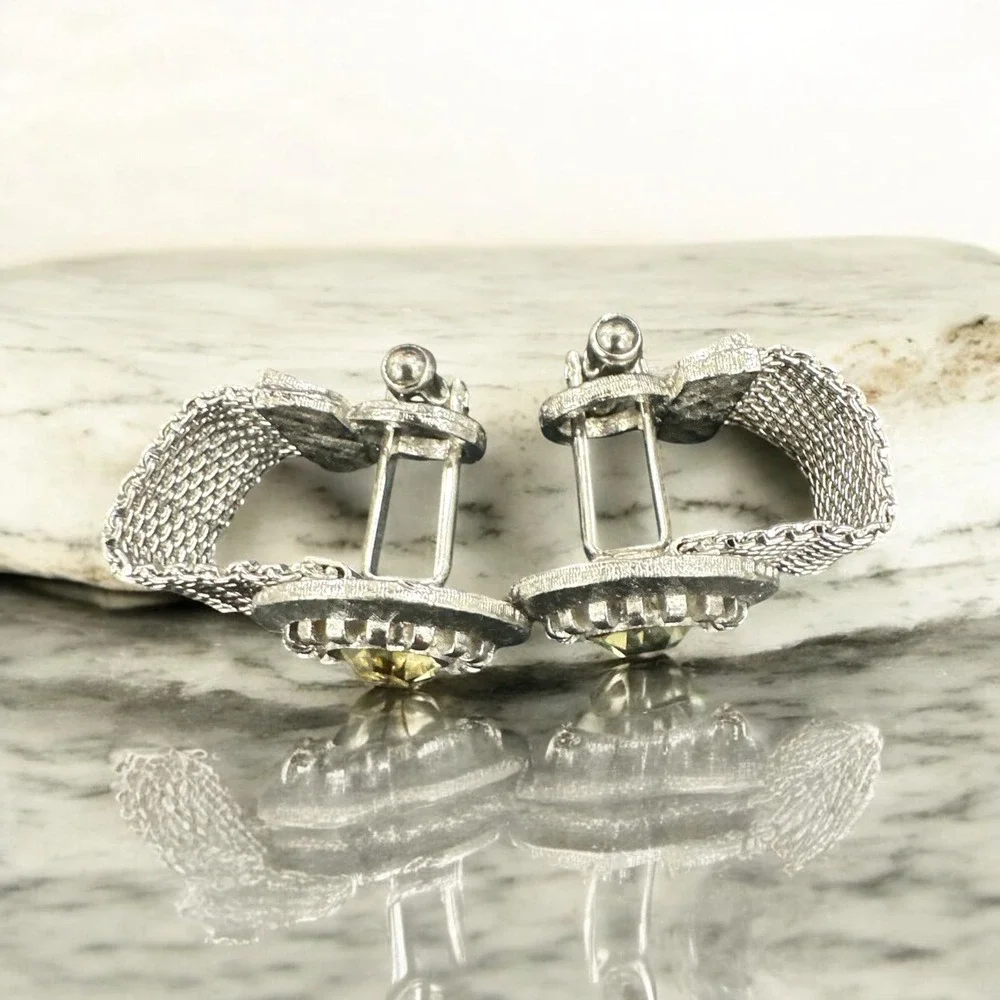Vintage Executive Cufflinks Crystal Wrap Silver Tone Mesh‎